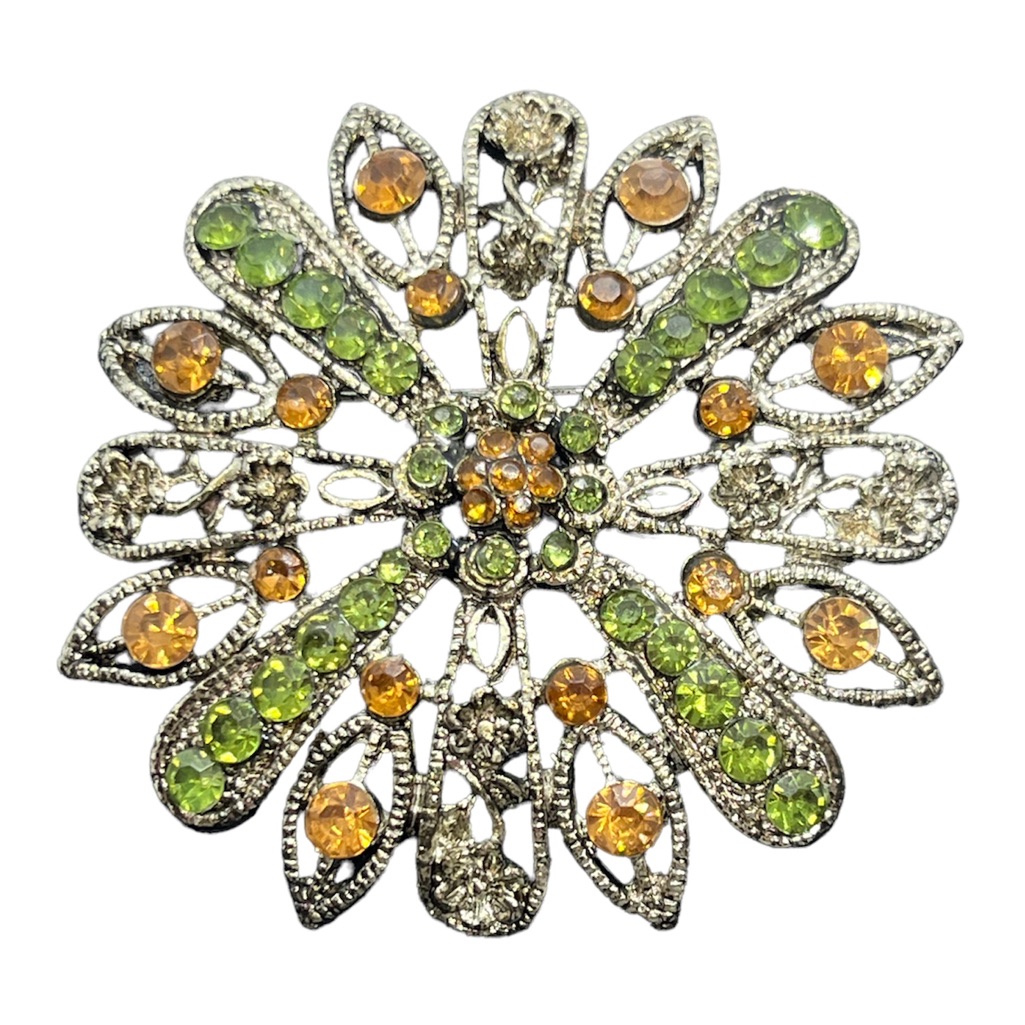 Silver Tone Green & Brown Rhinestone Ornate Brooch Pin